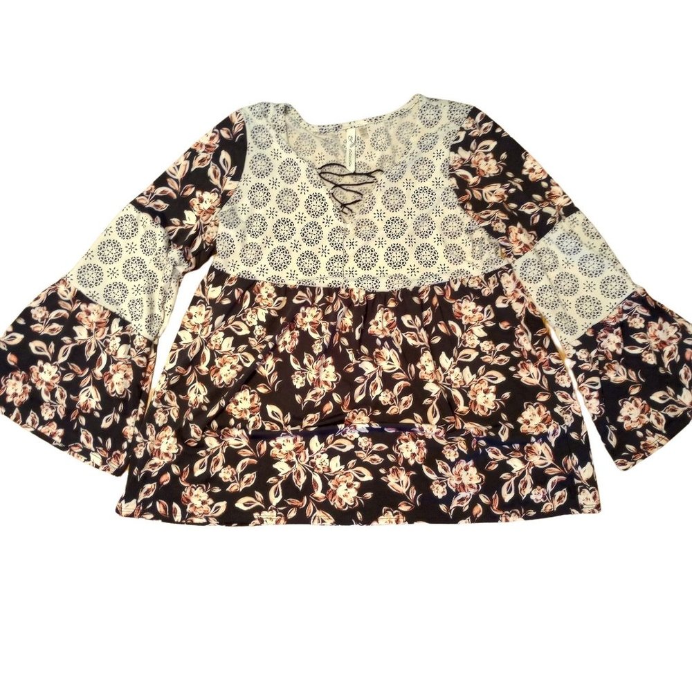 NY COLLECTIONS Floral Flare Sleeve Black/Peach Blouse MEDIUM